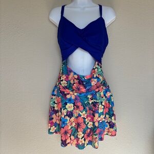 Zaful One Piece Swimsuit Hibiscus Flowers Cut-out Floral Blue Women's Size L NWT